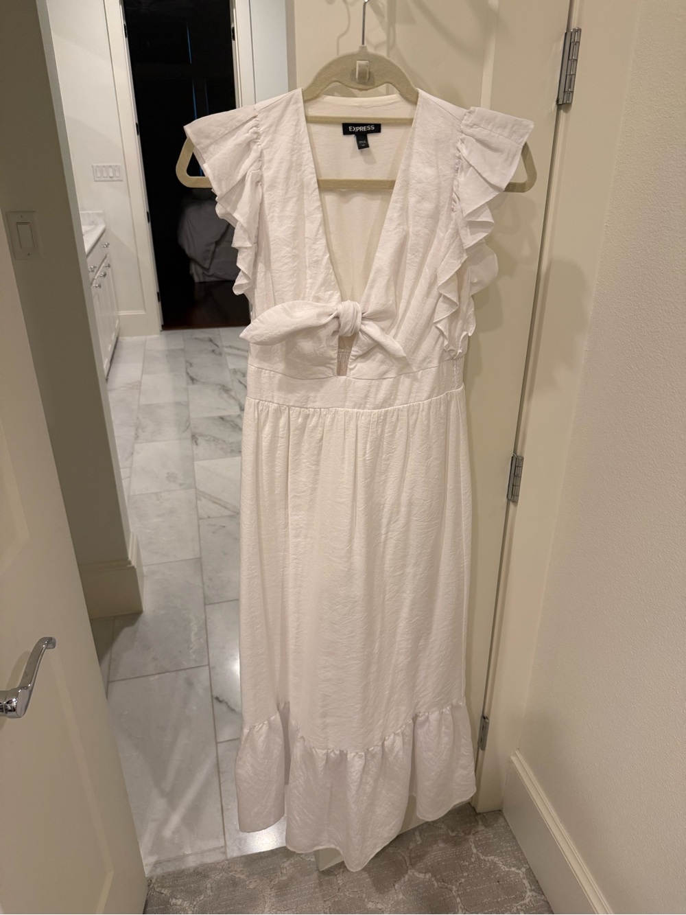 Express White Maxi Dress with Ruffle Sleeves and Front Tie